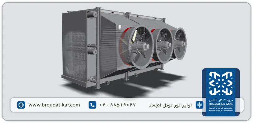 3D-rendered industrial evaporator for a freezing tunnel with three fans