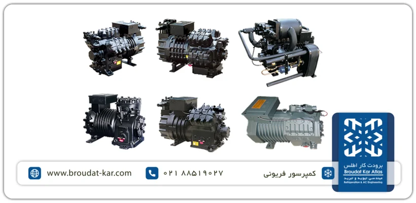 Industrial freon compressor lineup with various models for refrigeration